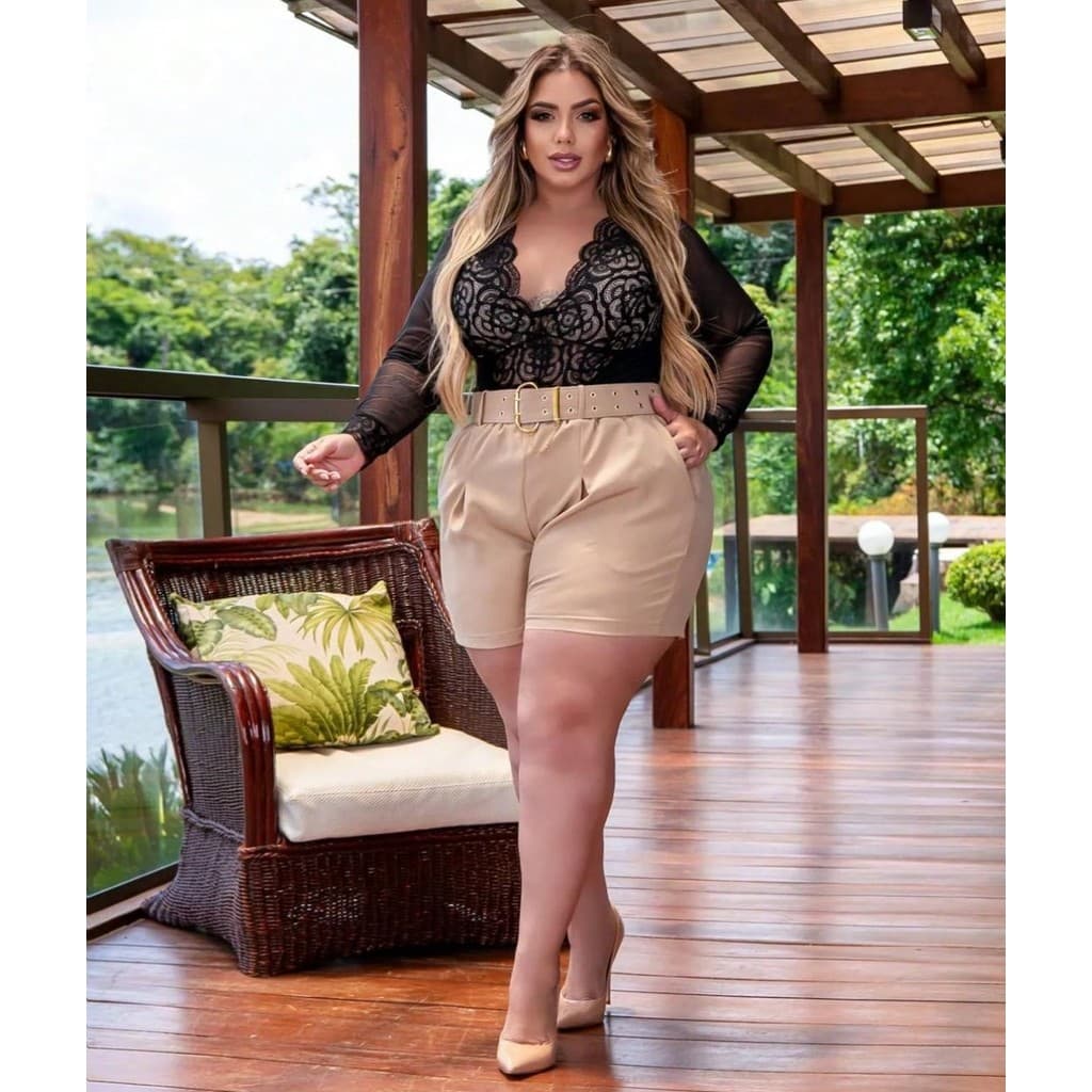 Conjunto Plus Size Short Alfaiataria +Body RENDADO MANGA LONGA PLUS SIZE