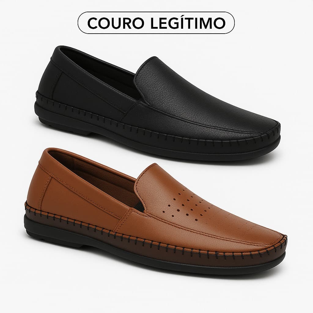 KIT 2 PARES DE MOCASSIM MASCULINO DRIVE EM COURO LEGITIMO SAPATO COSTURADO ARTESANAL SAPATILHA LEVE