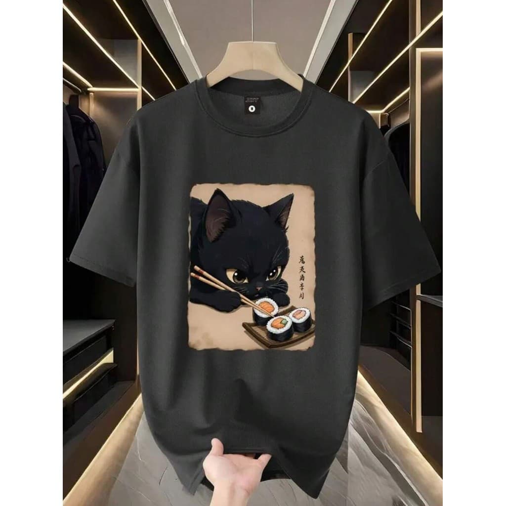 BR.Moonlight Camiseta Feminina Oversized Streetwear Preta Gato Sushi Estampa Anime Casual Moda