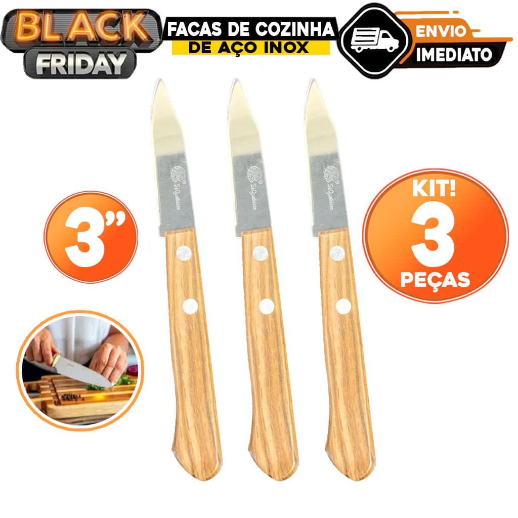 kit 3 Facas de Cozinha Aço Inox Cabo de Madeira 3" Carne Salada Legumes Churrasco