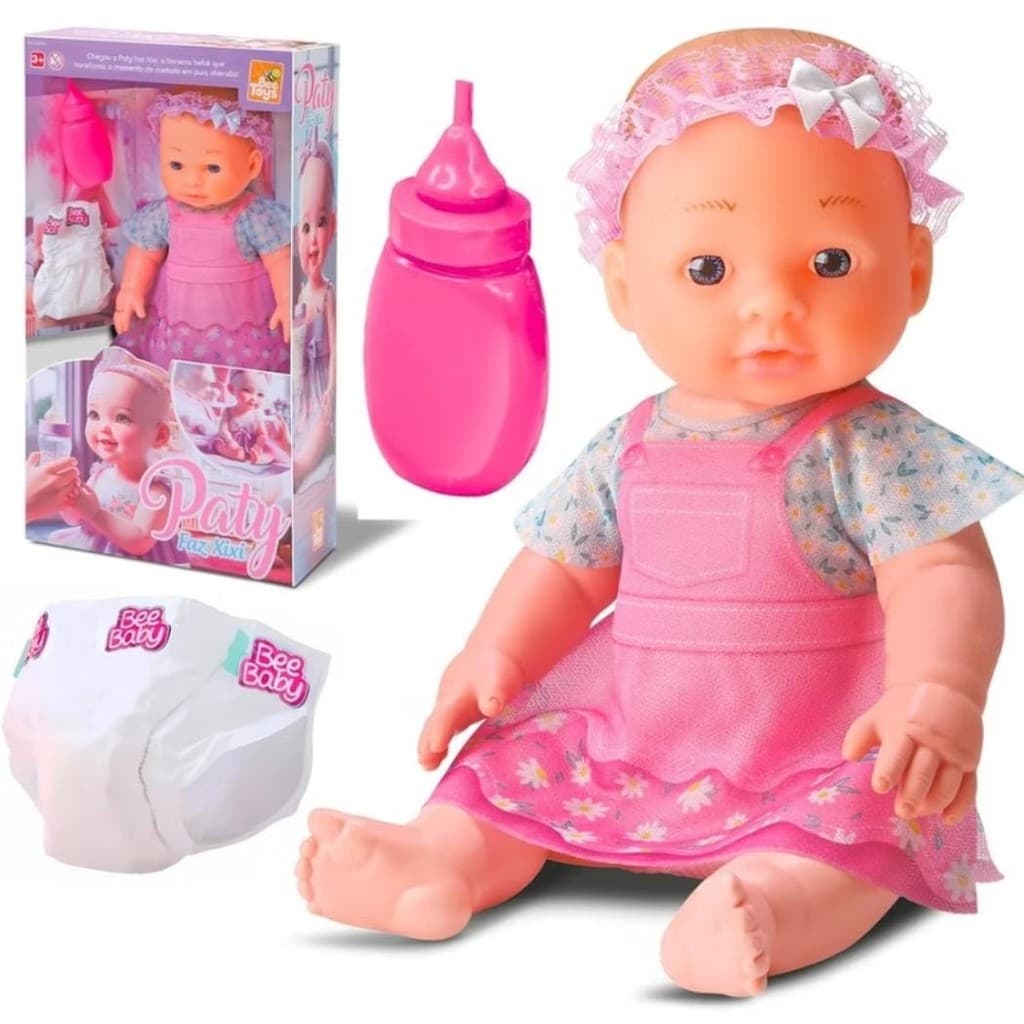 Boneca Paty Faz Xixi De Verdade Com Acessórios Mamadeira e Fralda Bebê - BEE TOYS-