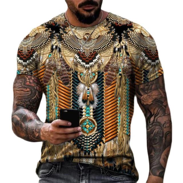 Verão Vintage Estilo Indiano Impressão 3D Camisetas Streetwear Masculino Casual Oversized O-Pescoço Manga Curta T Camisa