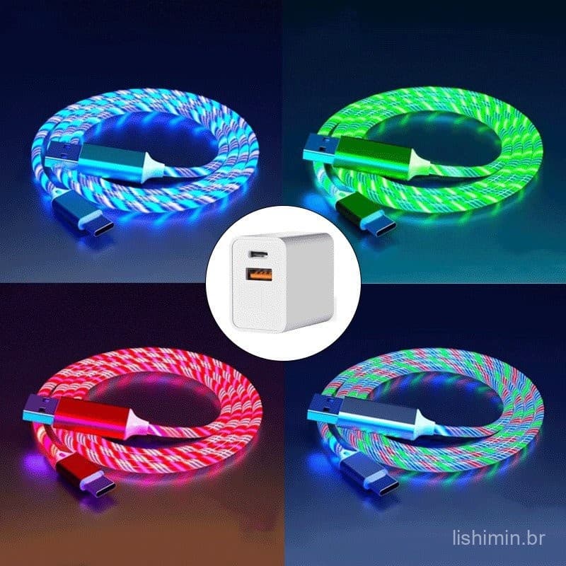 Cabo Luminoso LED Tipo C USB Para Carregador Rápido De Dados Do Iphone De Fluxo De Luz IOS SAMSUNG 7 8 X XR XS 11 12 13
