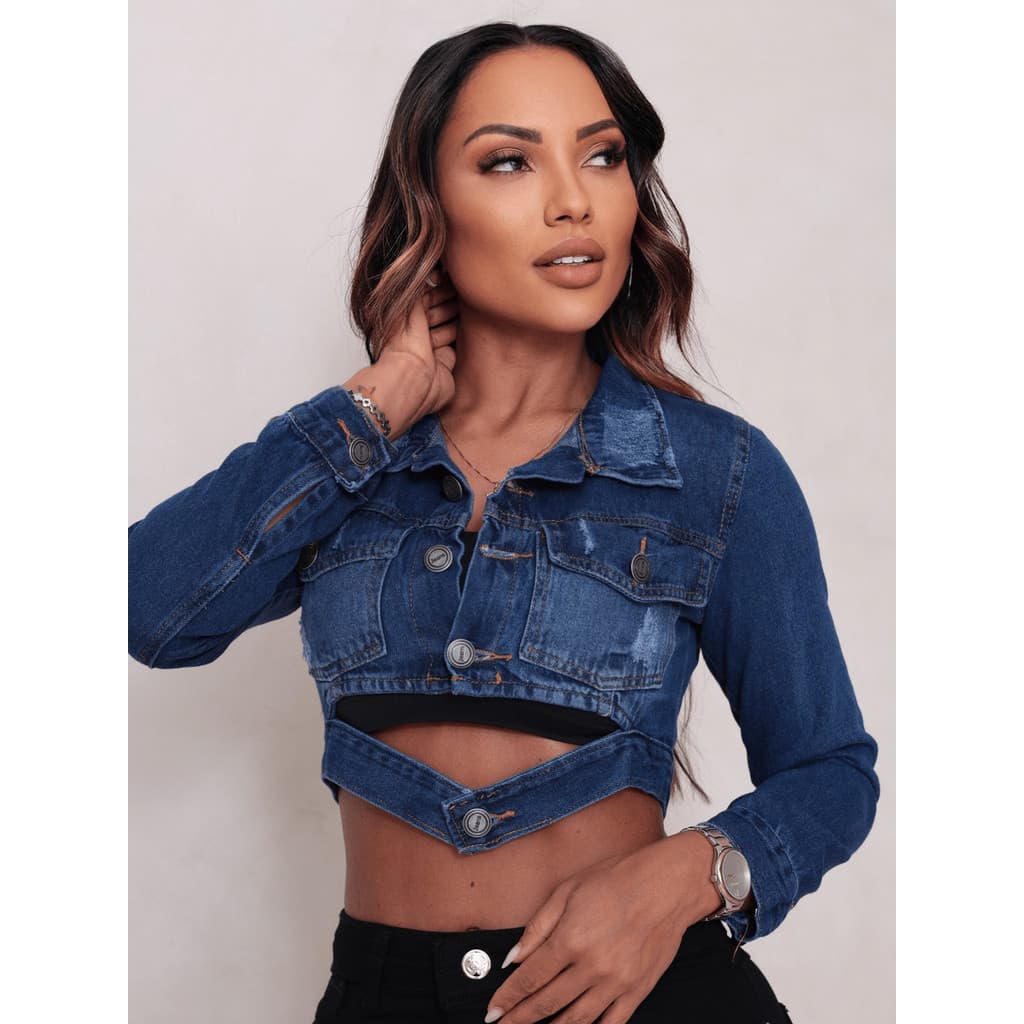 Jaqueta Jeans Top Cropped Street Style com Bolso na Frente