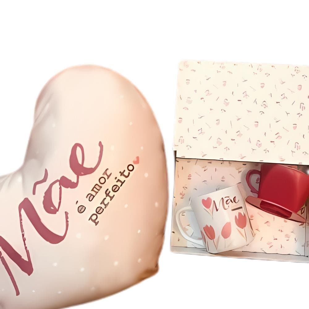 Kit de Presente Dia das Mães Almofada de Coração Caneca com Coador