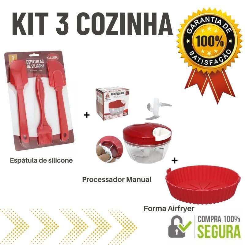 Kit 3 Utensílios para Cozinha em Silicone Reutilizável Resistente ao Calor Livre de BPA  e Processador Triturador