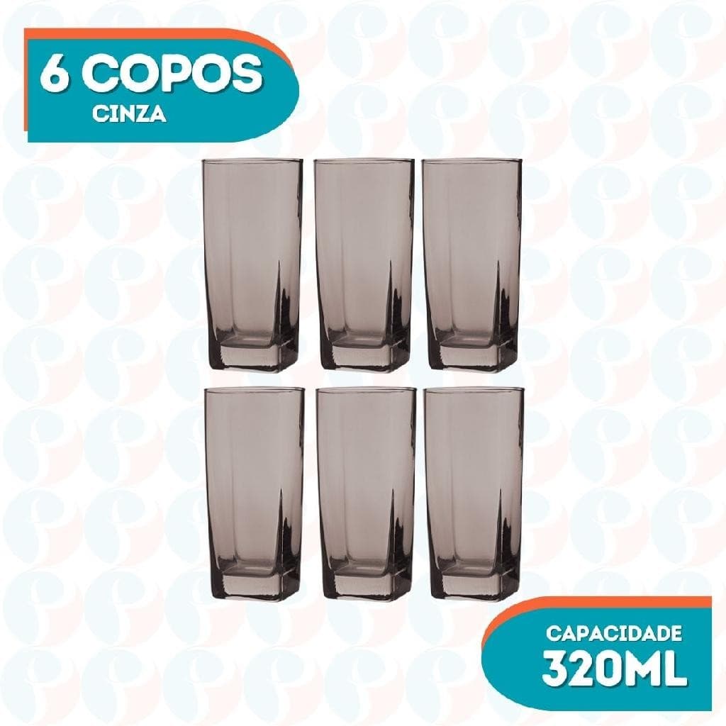 Kit 6 Copos Texas Quadrado Vidro Cinza Mesa Posta Chique 320ml