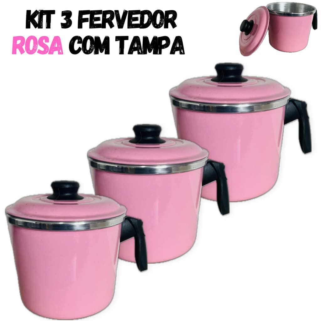 Jogo Leiteira Caneco Fervedor 3 Peças Na Cor Rosa Em Aluminio Com Tampa N12-14-16