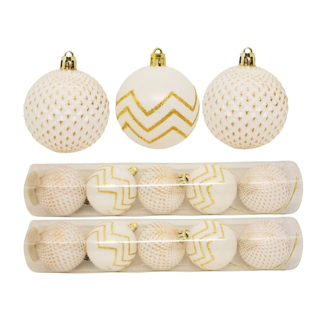 Jogo 10 Bolas Natal Mista Decoradas Branco e Dourado Glitter 6cm - Magizi