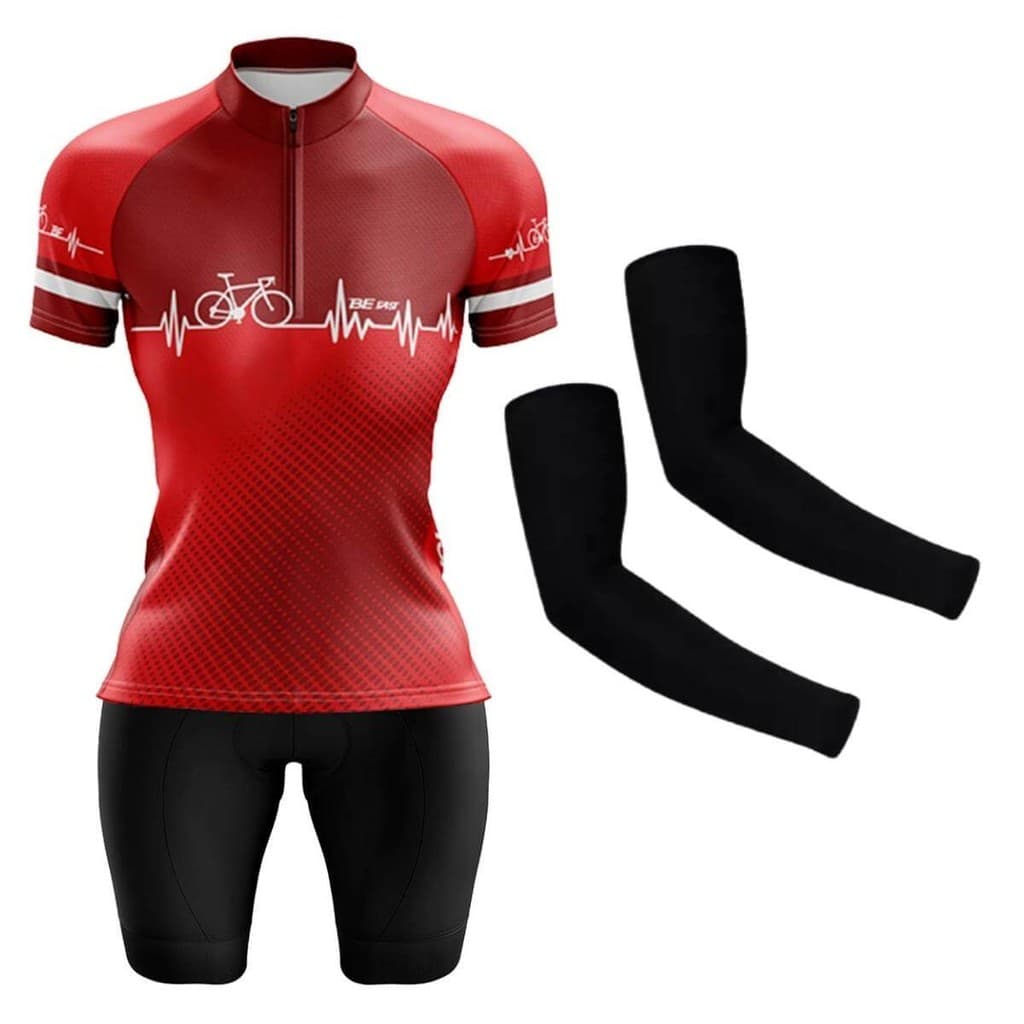 Conjunto Ciclismo Feminino Camisa e Bermuda Forro Espuma Manguito Mountain Bike Batimentos Vermelho