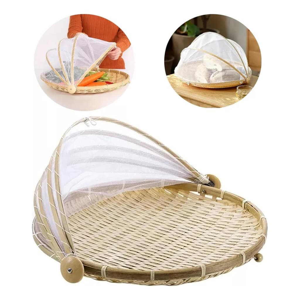 Porta Pão/bolo Redondo Rattan Bambu Com Tela Poliéster 40cm