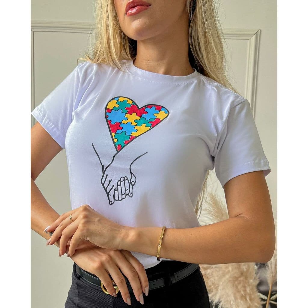 Blusa Feminina Algodão – Coração Autismo, Apoio e Inclusão