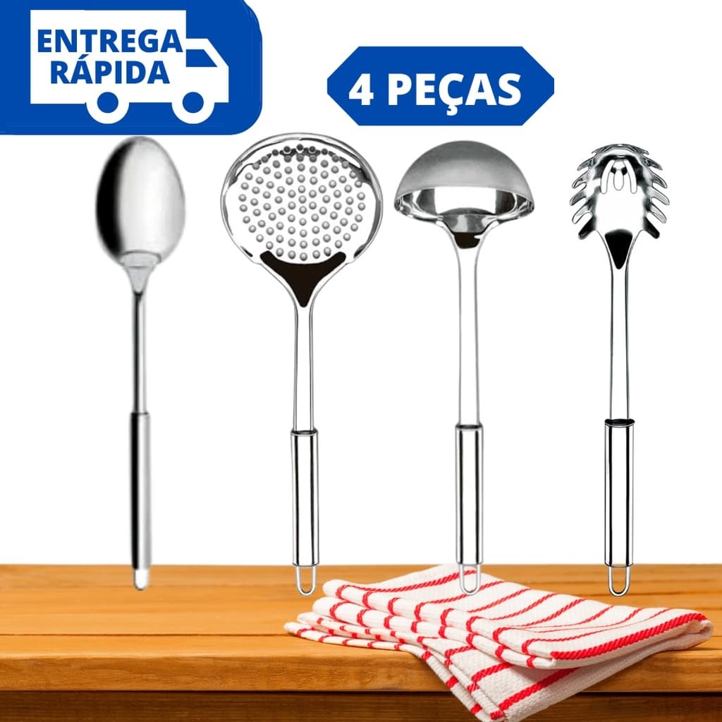 Kit Utensílios de Cozinha 4 Peças 100% Inox Jogo Talheres Colher Escumadeira Concha e Pegador Massa Cabo