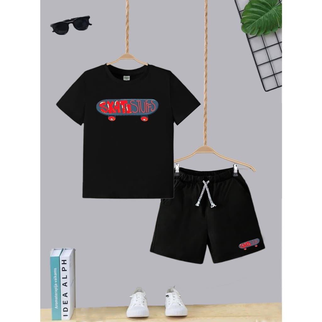 Camiseta + Short Conjunto Infantil skate Stuff Moda Teen Kids Bolso Lateral