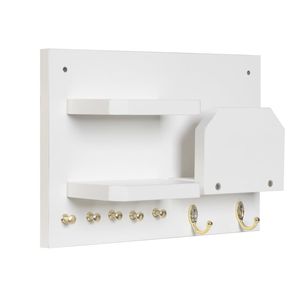 Quadro Porta Chaves Organizador Branco com Prateleira Ganchos Dourados e Caixa Correspondência