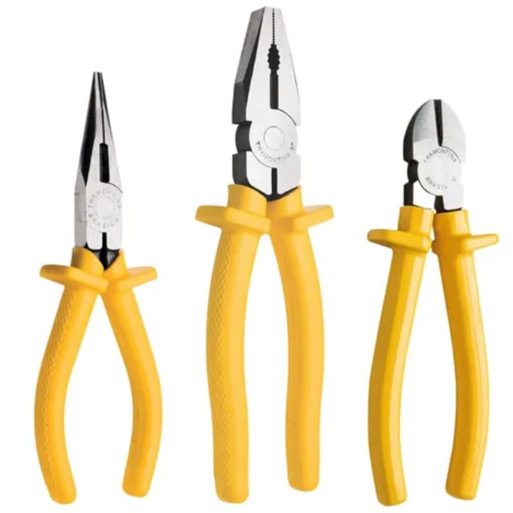 Alicates Tramontina Kit 3 Peças – Universal, Bico Meia Cana e Corte, Uso Profissional