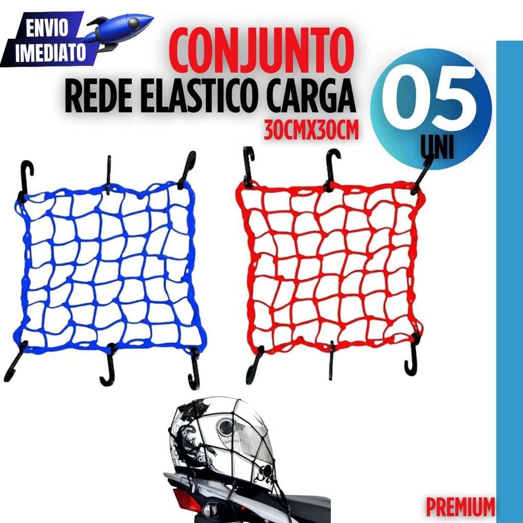 Kit com 5 redes aranha elásticas p/ moto 30x30cm com 6 ganchos Praticidade e segurança no transporte