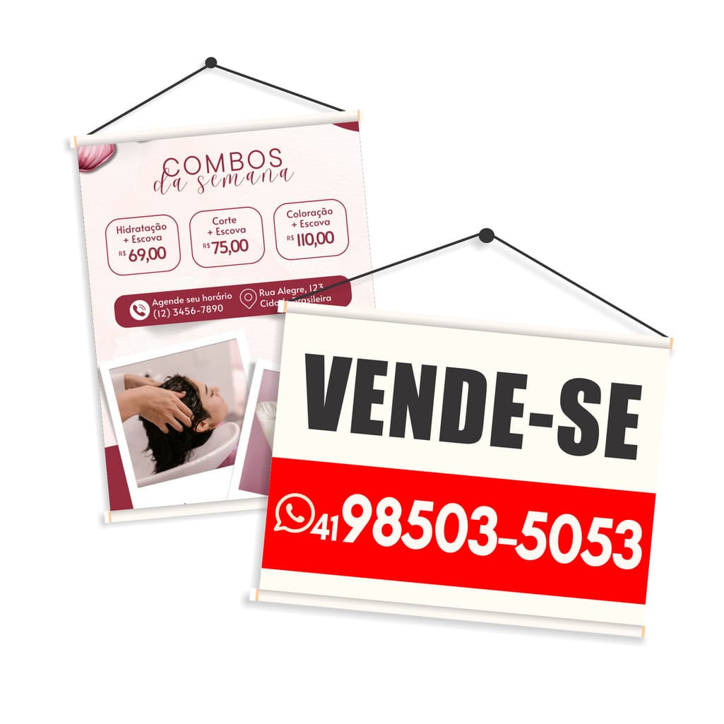 Banner em lona com madeirinha e cordinha para pendurar