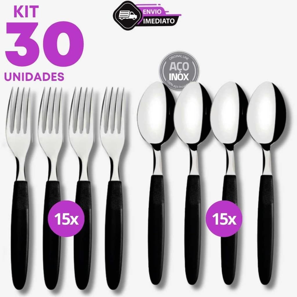 Jogo 30 Talher Inox Cabo Preto 15 Garfo 15 Colher Sopa Refeição SelfService Casa Feijão Cozinha Bar