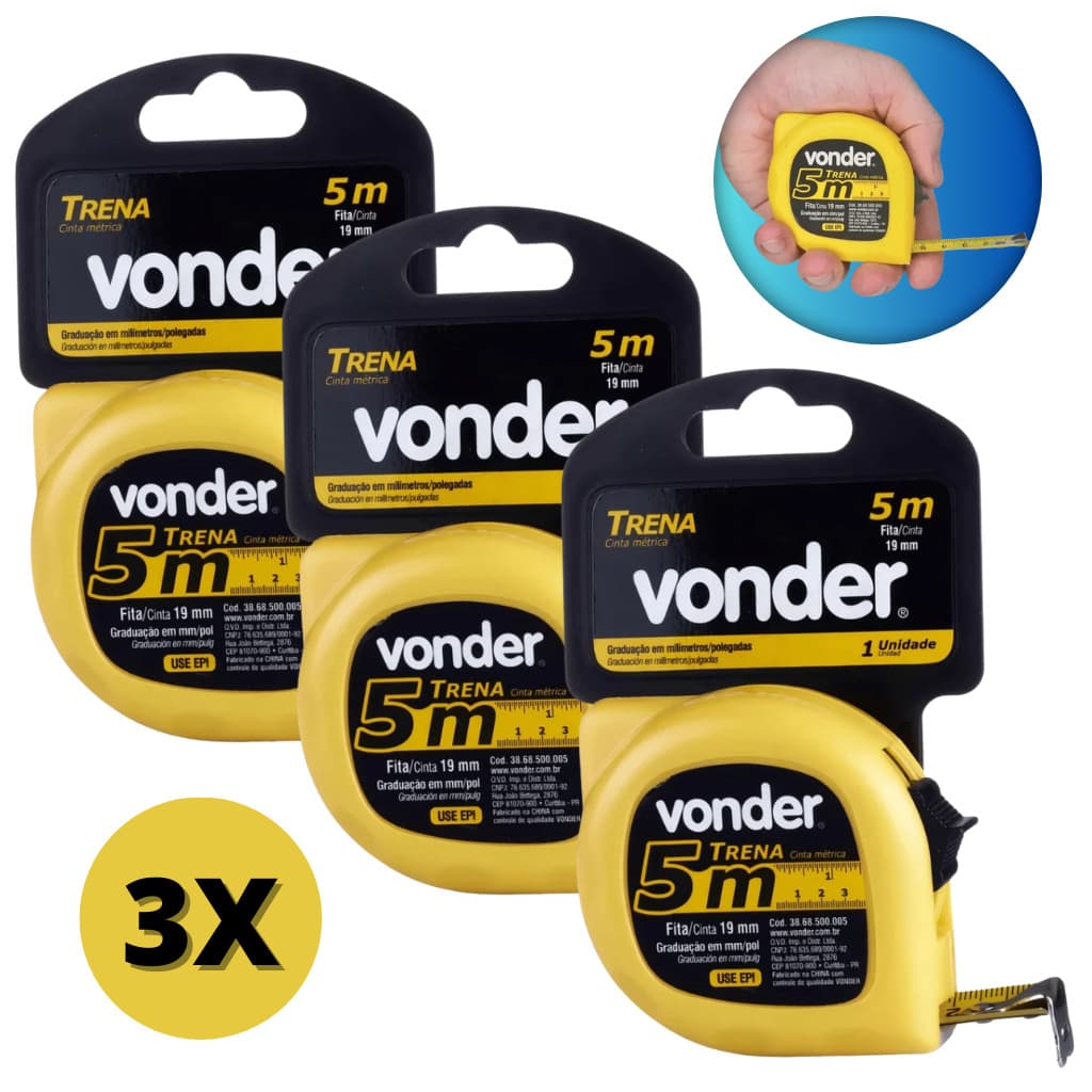 Trena 5 Metros VONDER 3 Unidades Fita Métrica 19mm em Aço com Trava