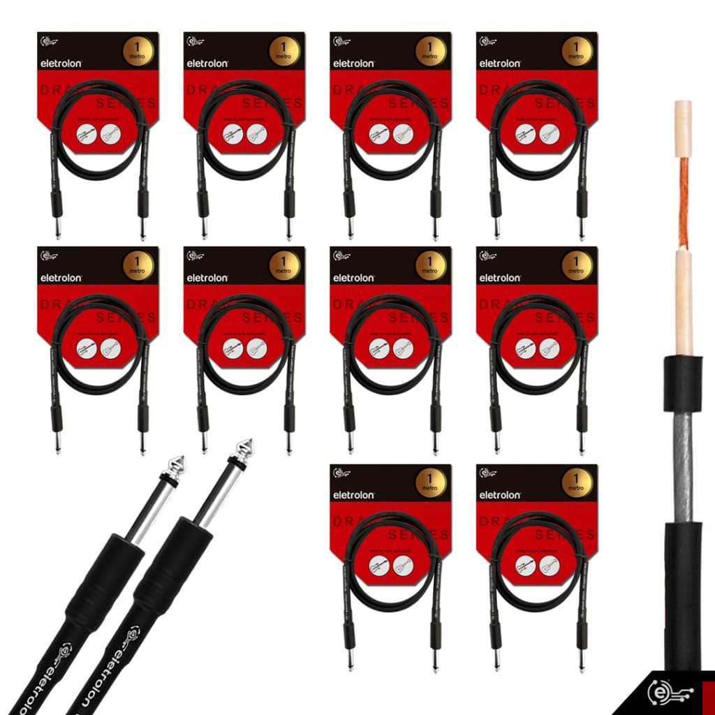 Kit 10 Cabo P10 P10 Mono Para Violão Guitarra Baixo 1m Metro
