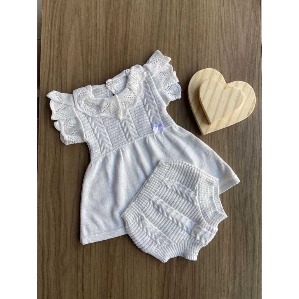 Conjunto Vestido Calcinha Bebê RN Infantil Récem Nascido Menina Tricô Tricot