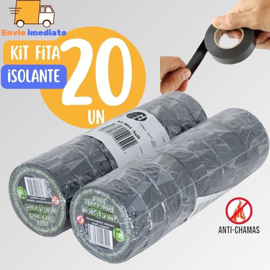 Kit 20 Fitas isolante 5m Antichama Preta para Eletricista uso Geral Domestico e Industrial