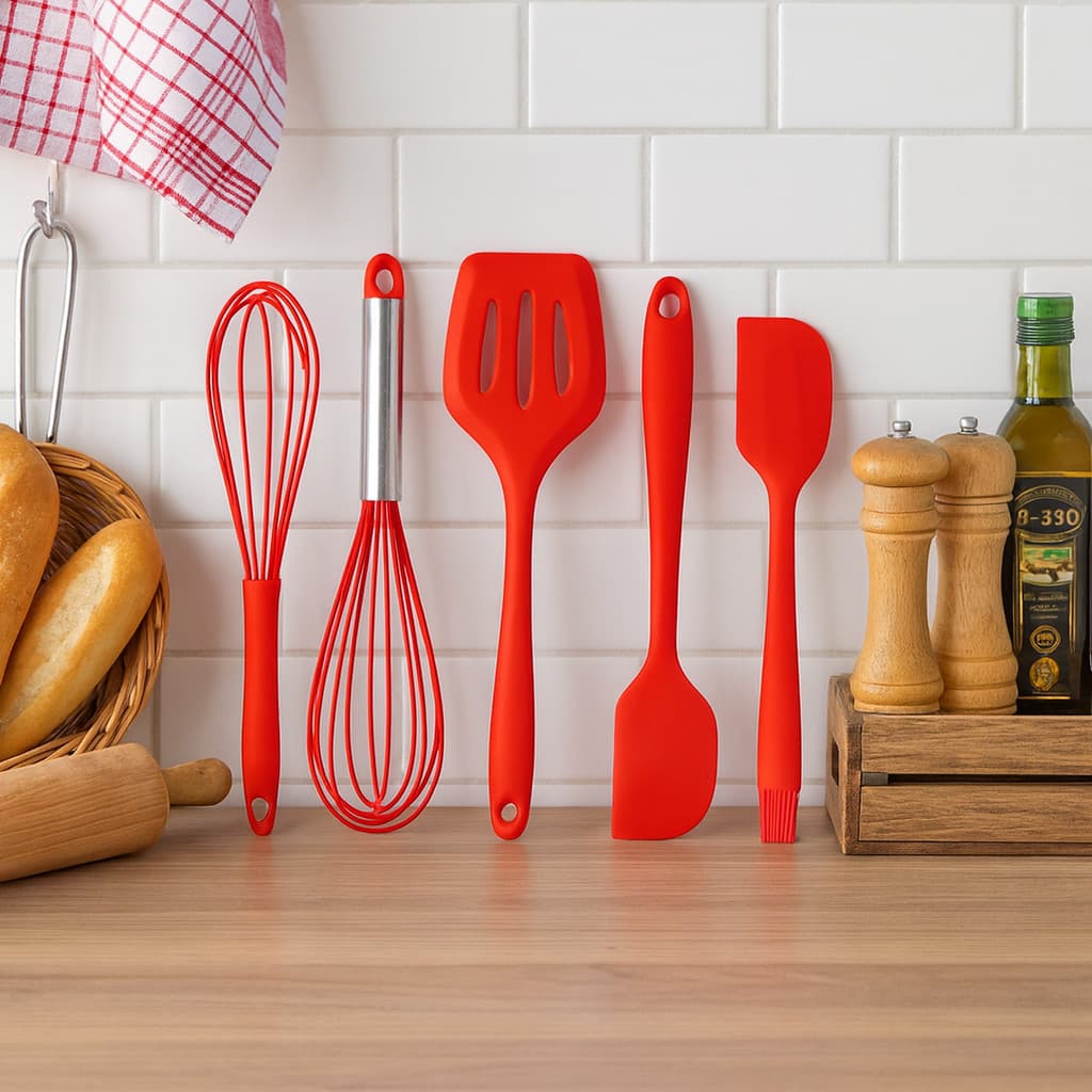 Kit 5 Peças Utensílios de Cozinha Silicone Colher Espátula Fue Espátula Pequena Pincel