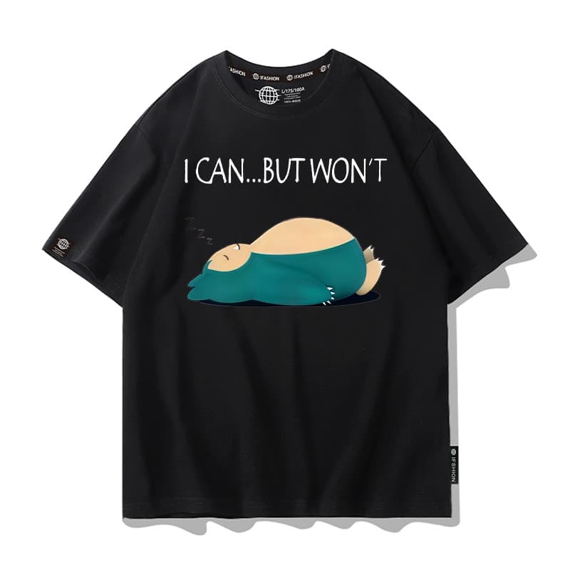 BEAST FASHION 2025 Novo Camiseta de Manga Curta Casual Masculina com Estampa Snorlax Dormindo e I CAN...BUT WON'T
