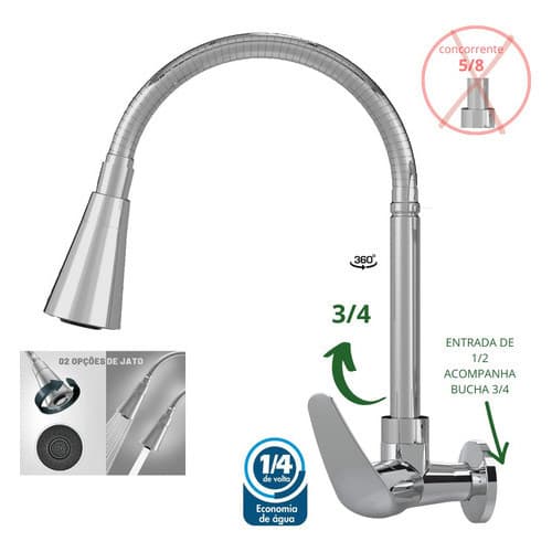 inox Torneira prata Cozinha Gourmet Flexivel 1/4 de volta Dois Jatos torneira 3/4 torneira flexivel