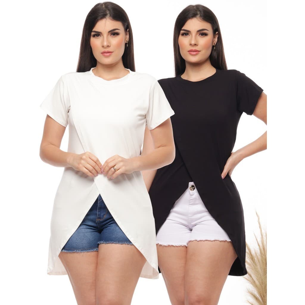 KIT 2 Blusa Casual Feminina Malha Viscolycra Cruzada Mullet Alongada Atras Manga Curta Elegante Básica Dia a Dia