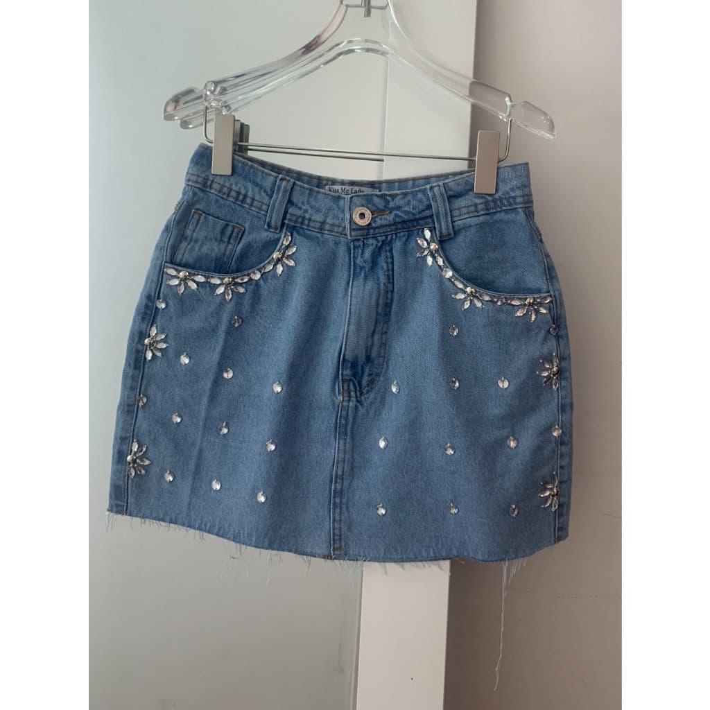 Janejeans 8228  saia Jeans feminino alça poliamida saia casual com bolso com brilho