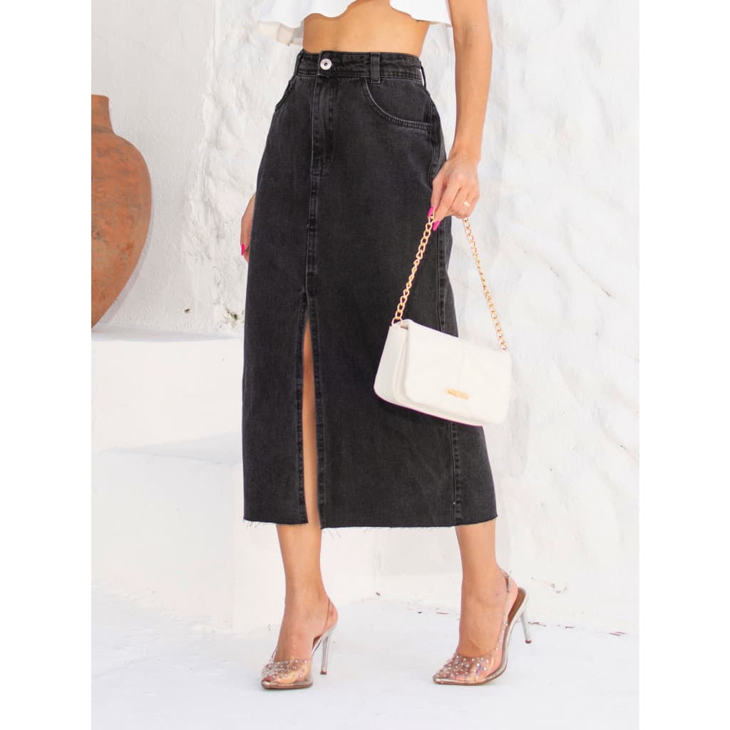 ninajeans 8170 saia jeans midi preto marmore escuro com bolsa 8170
