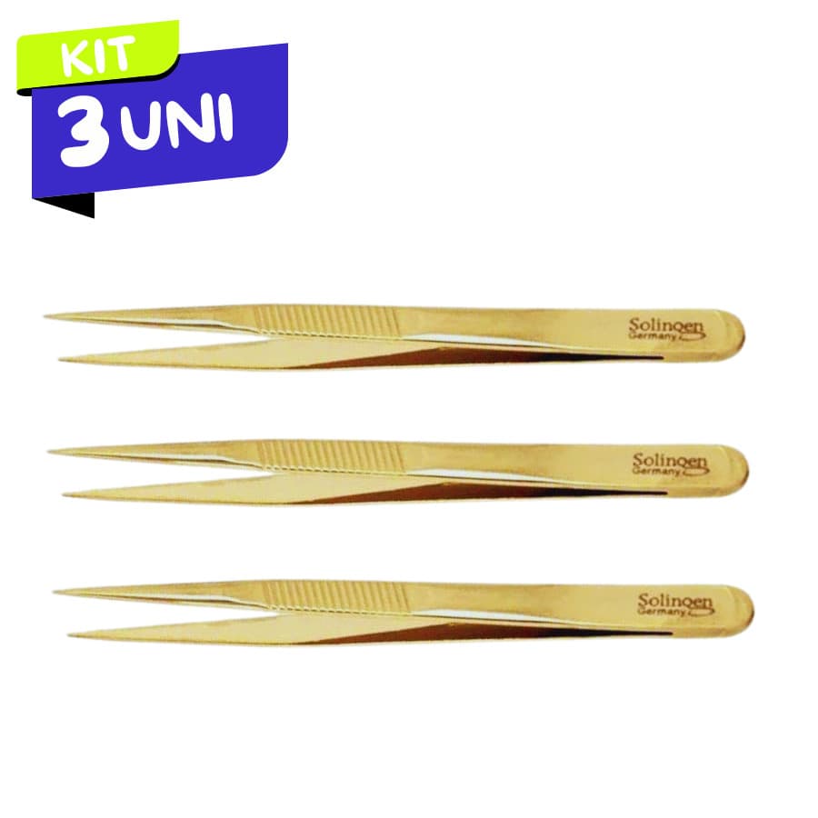 Kit 3 Pinças Solingen Ponta Agulha Designer Sobrancelhas Dourada