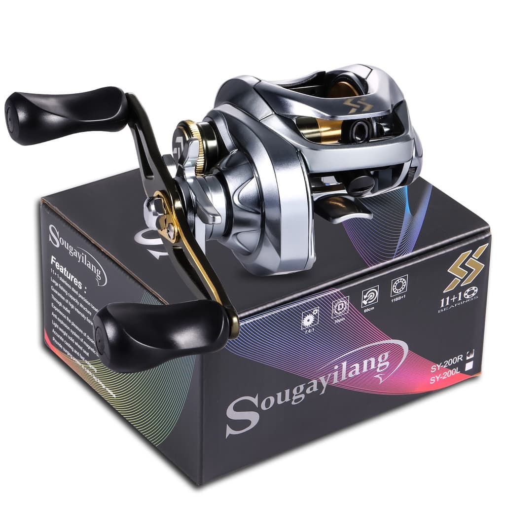 Sougayilang Rolamentos de esferas de carretel de pesca 11 + 1BB Relação de engrenagem 7.6: 1 Carretel de arremesso de alta velocidade Alça direita / esquerda para água doce / água salgada