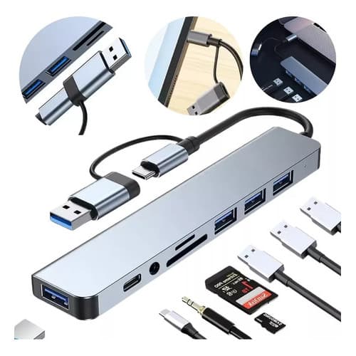 Hub Usb-c E 3.0, 8 Em 1 P2 Stereo Pd Charger Usb 3.0 Cartões