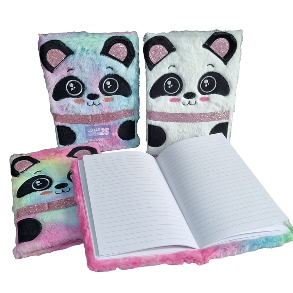 Caderno Panda Pelúcia Fofo Brochura Glitter Capa Dura10066