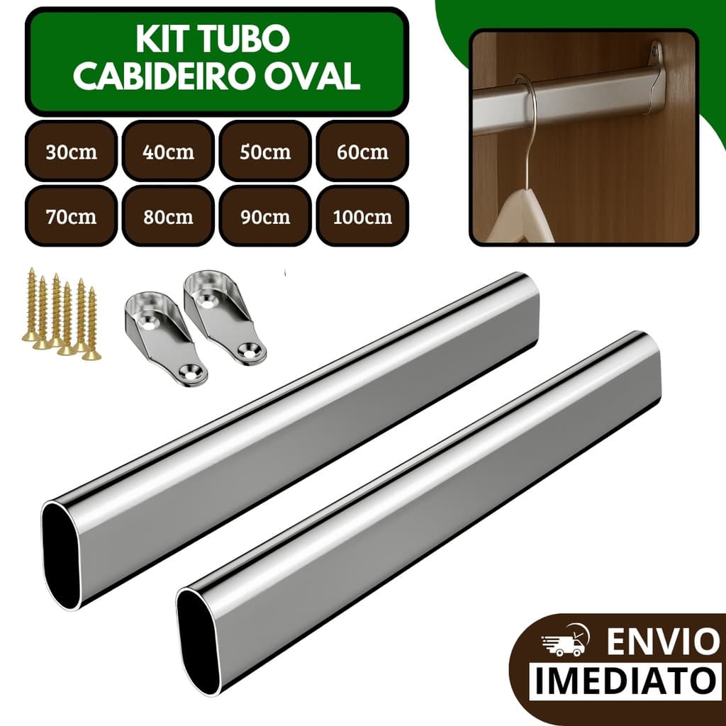Kit Tubo Cabideiro Oval Oblongo Arara Para Guarda Roupas Closet Cromado Varios Tamanhos