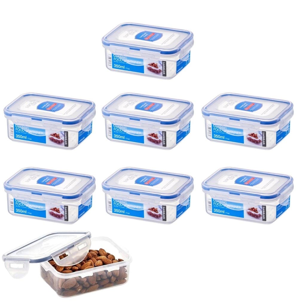 Kit 7 potes herméticos tampa 4 travas retangular Lock&Lock 350mL