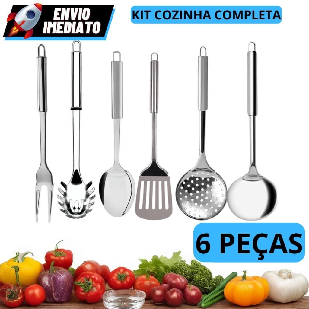Kit 6 Utensílios de Cozinha em Aço Inox Escumadeira Concha Colher Arroz Pegador Massa Garfo Trinchante Espátula Vazada