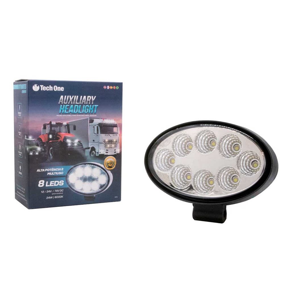 Farol Auxiliar Oval 8 Leds 12v/24v 24w 6000k Branco