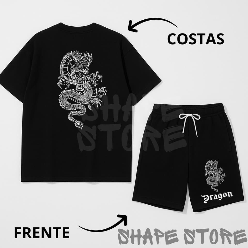 conjunto camiseta oversized bermuda tactel estampada dragon