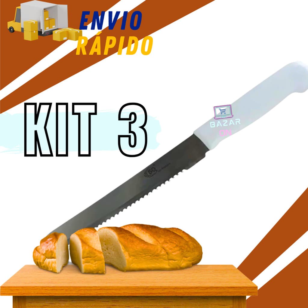 Kit 3 Faca Para Pão Com Serra Aço Inox Cabo Branco Original Resistente