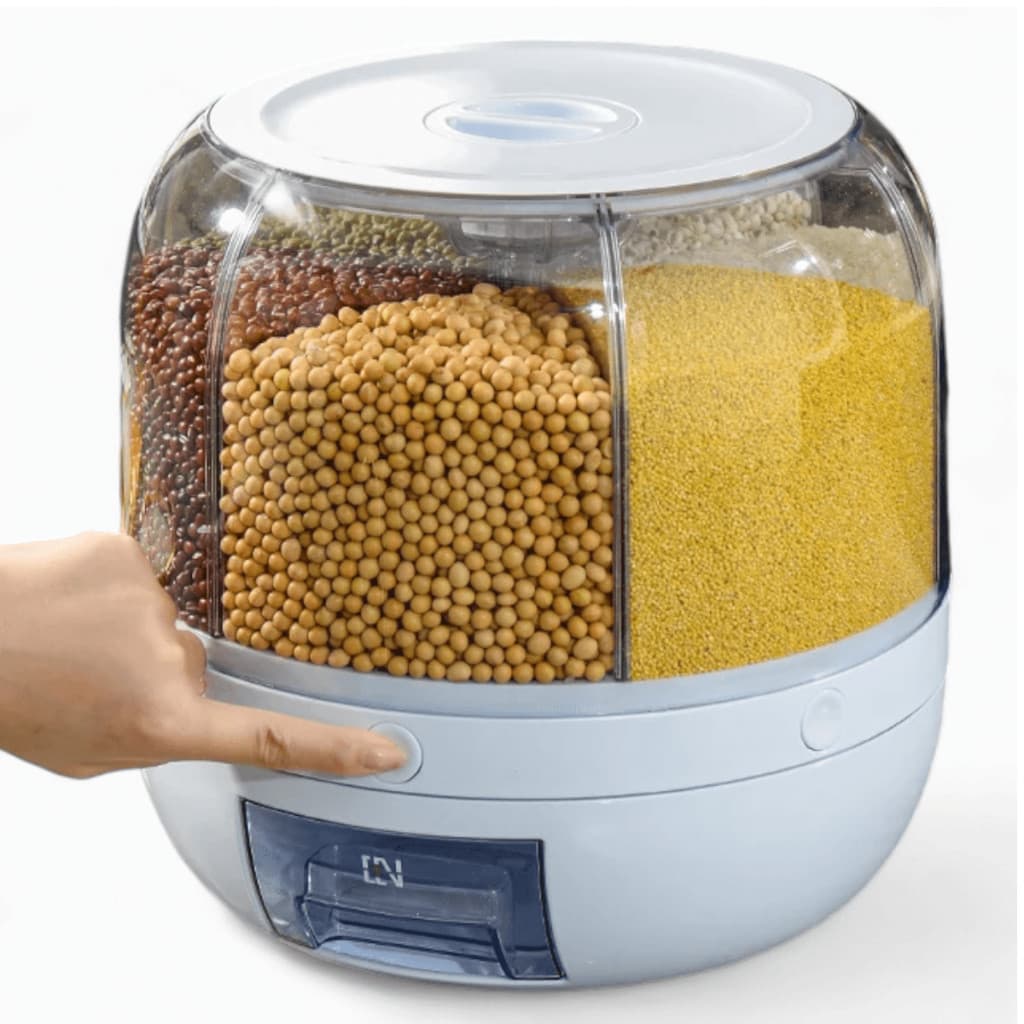Dispenser Giratório 6 Divisorias De Alimentos Armazenamento Graos  Organizador De Cereais Recipiente