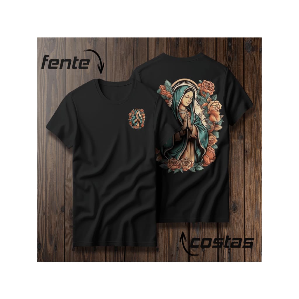 Camiseta Nossa Senhora de Guadalupe Preta - Estampa Católica nas Costas | Roupa Feminina Religiosa