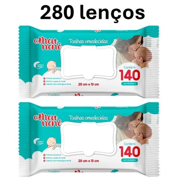 Kit Lenço Umedecido / Toalhas Meu Nenê Tampa Flip Top com 140 unidades - 2 pacotes (280 lenços)