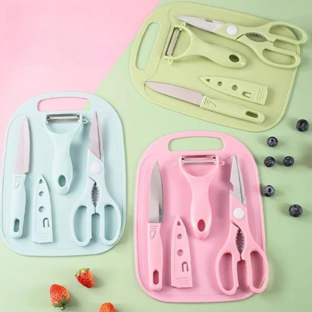 Kit de Utensílios de Cozinha 4 Peças Com Faca Tesoura Descascador e Tábua
