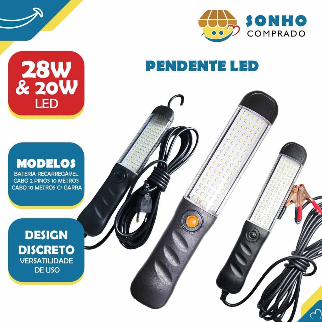 Pendente LED 28W 2P 10M C/ pino - Pendente LED 28W 2P 5M c/ garra - Pendente LED 20W c/ Bateria recarregável InterNEED