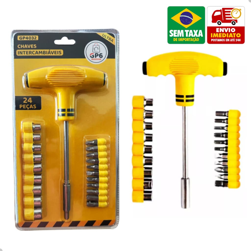 Jogo de Chave T com Soquetes e Bits 24 Peças GP6 Multiuso Allen Fenda Torx Philips