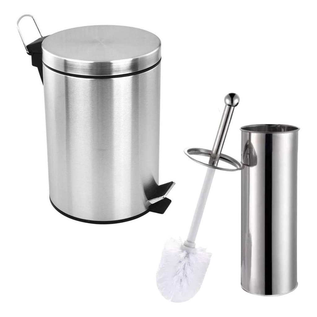 Kit Lixeira 5 Litros Inox Cesto Removível + Escova Sanitária Para Vaso Banheiro Inox